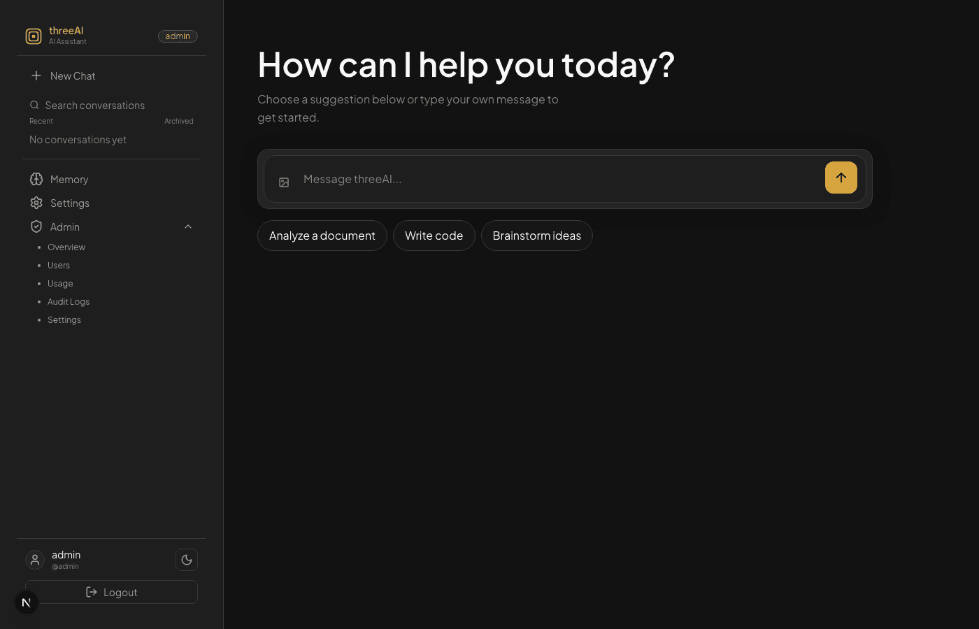 threeAI — the assistant workspace: conversation history, memory, and admin tools